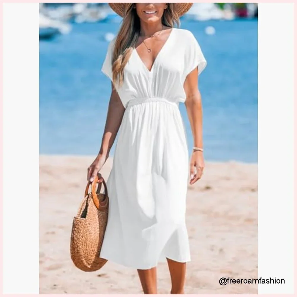 V-Neck Short Sleeve Midi Coverup Dress, 100% Rayon, Loose Fit, Beach Vacation
